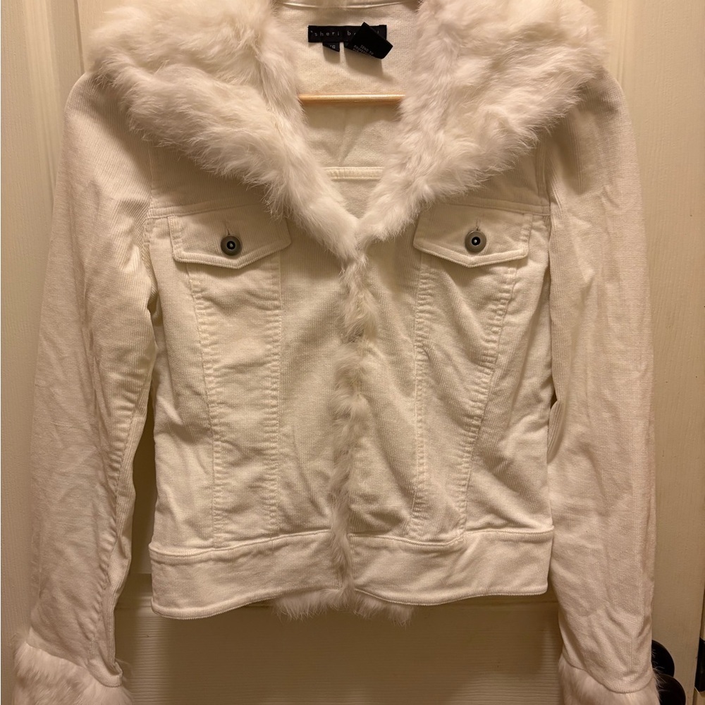 Vintage Y2K Sheri Bodell Corduroy White 100% Rabbit Fur Trim Jacket Sz XS